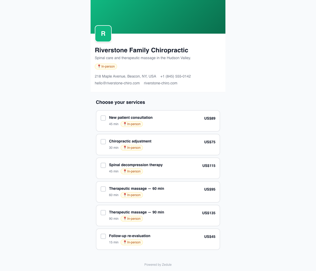 Service appearing on the customer-facing booking page