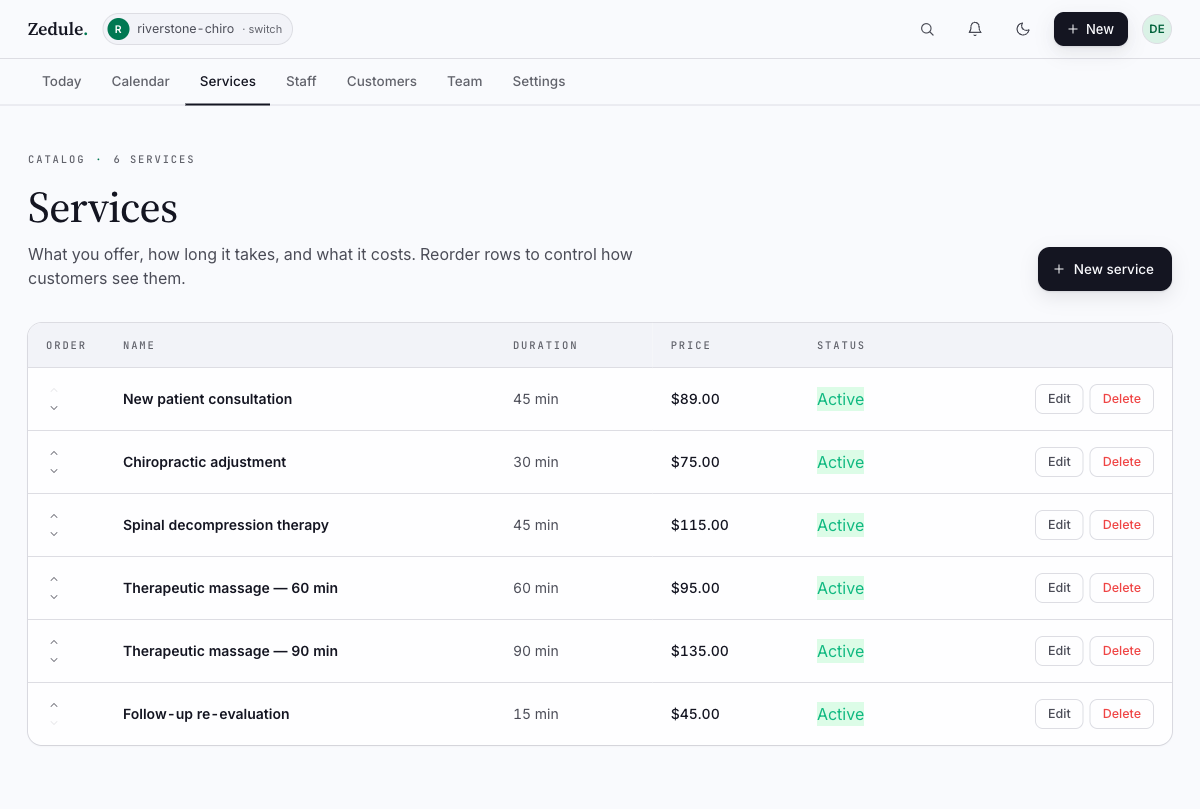 Services page listing six services with the + New service button highlighted