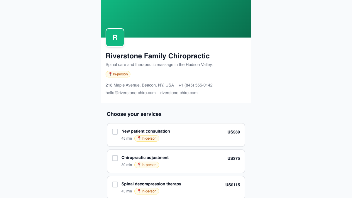 Customer-facing booking page for Riverstone Family Chiropractic