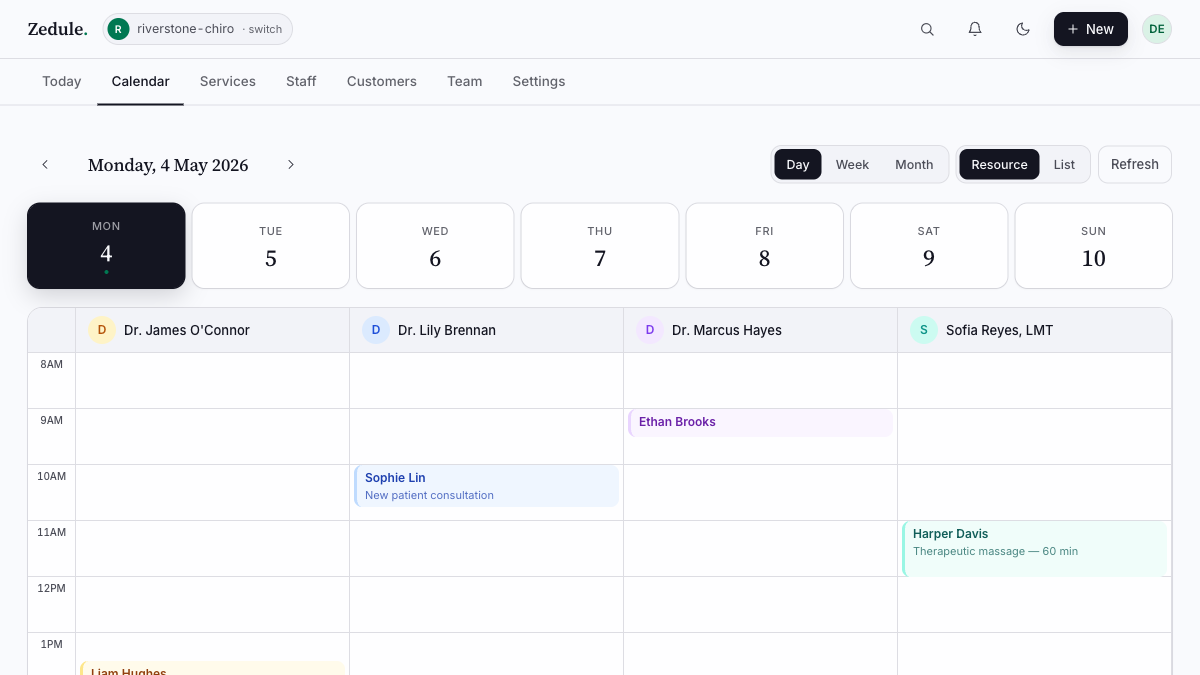 Dashboard calendar resource view with appointments