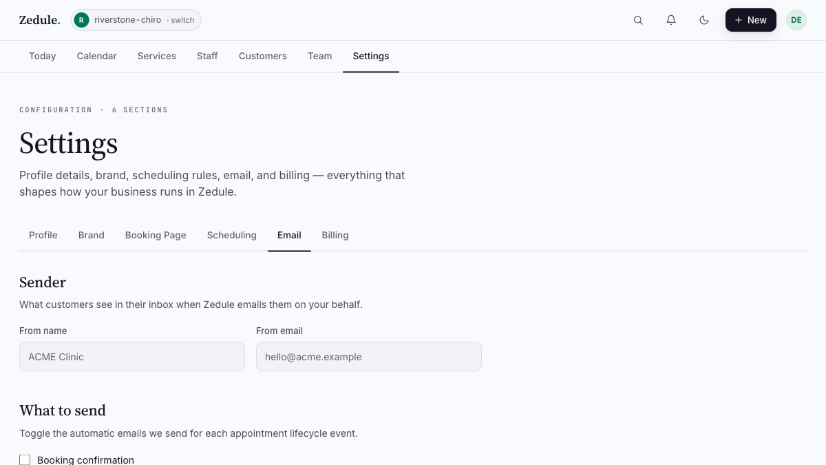 Email settings with sender configuration