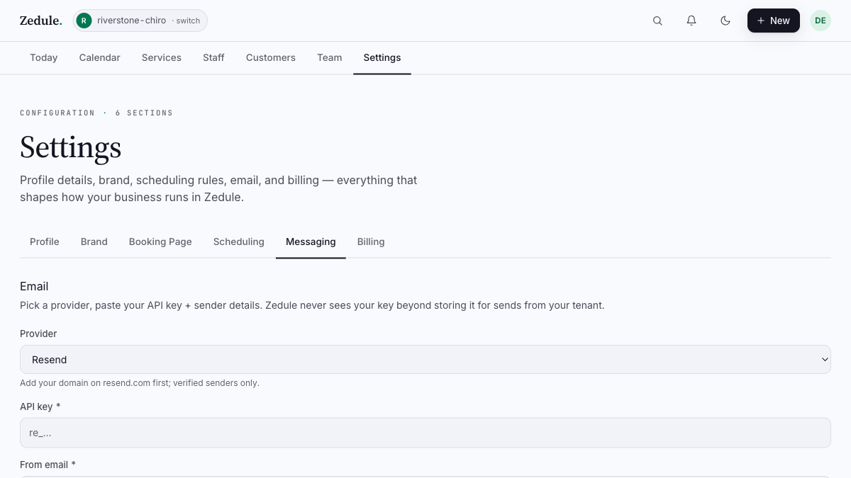 Messaging settings with provider dropdown showing Resend, SendGrid, Mailgun, Postmark, and AWS SES