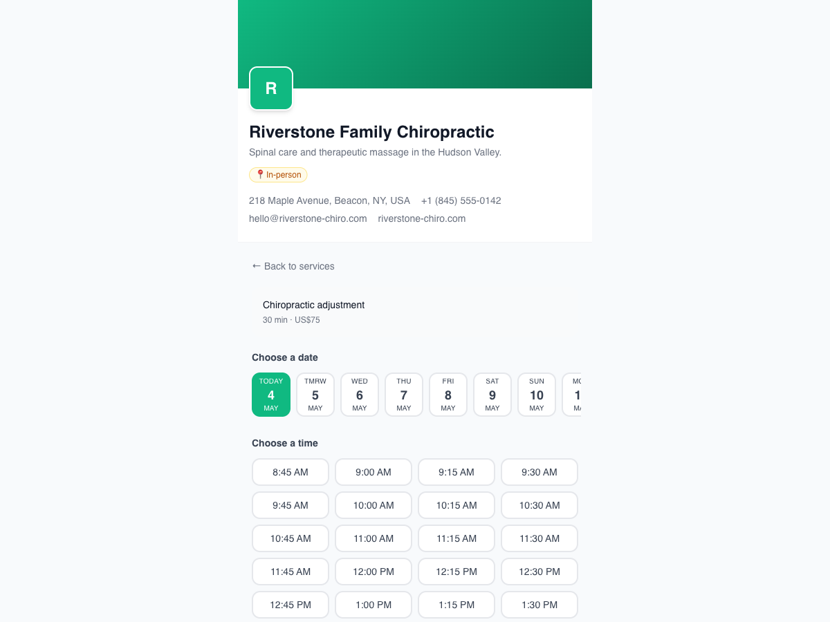 Customer booking flow showing date and time selection