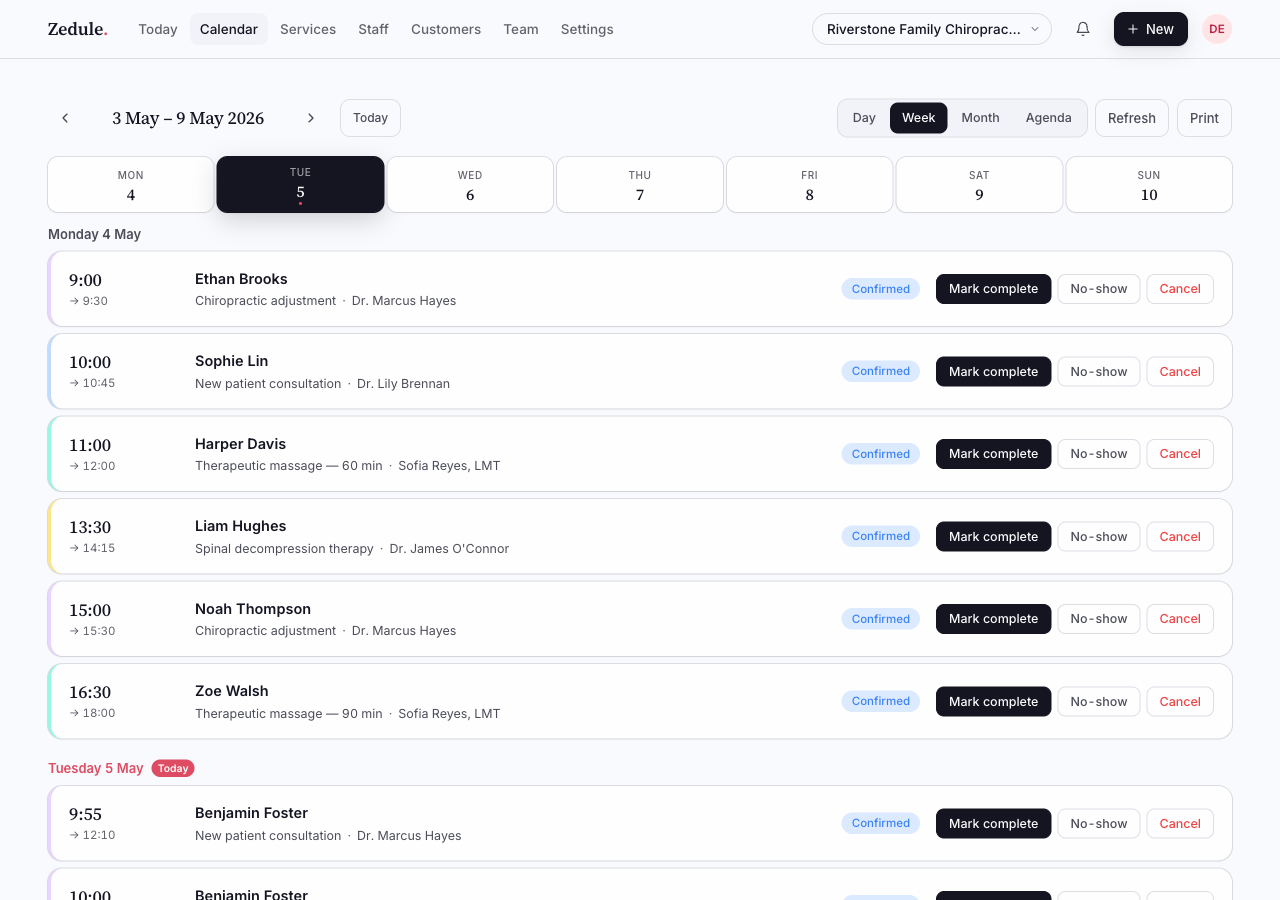 Appointment details modal showing customer contacts, service, when, staff, and footer status actions